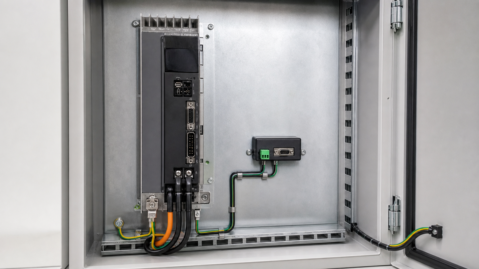 Compact external axis controller mounted beside a full-size CNC servo drive in the electrical cabinet