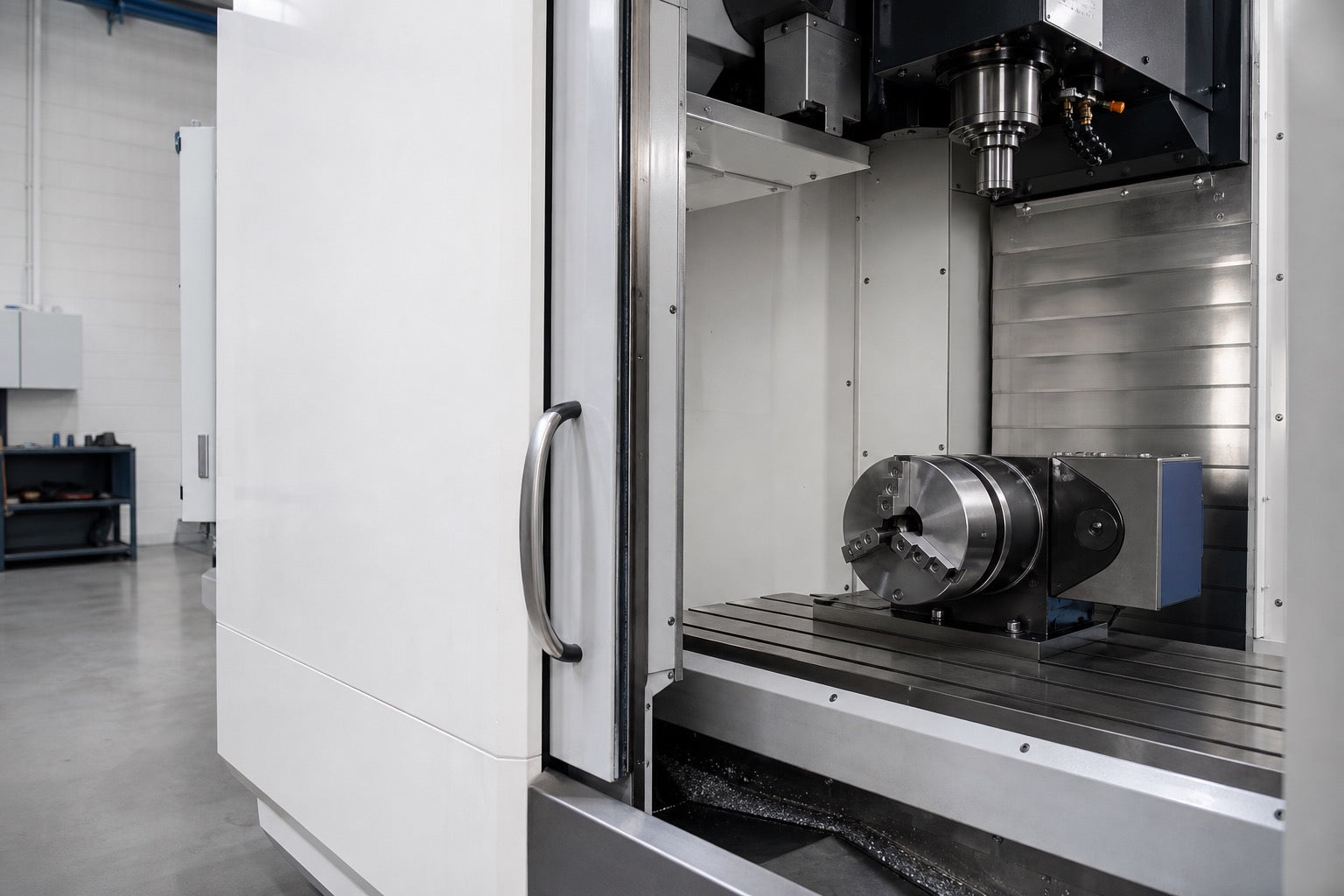 4th axis rotary table mounted inside a CNC machining center