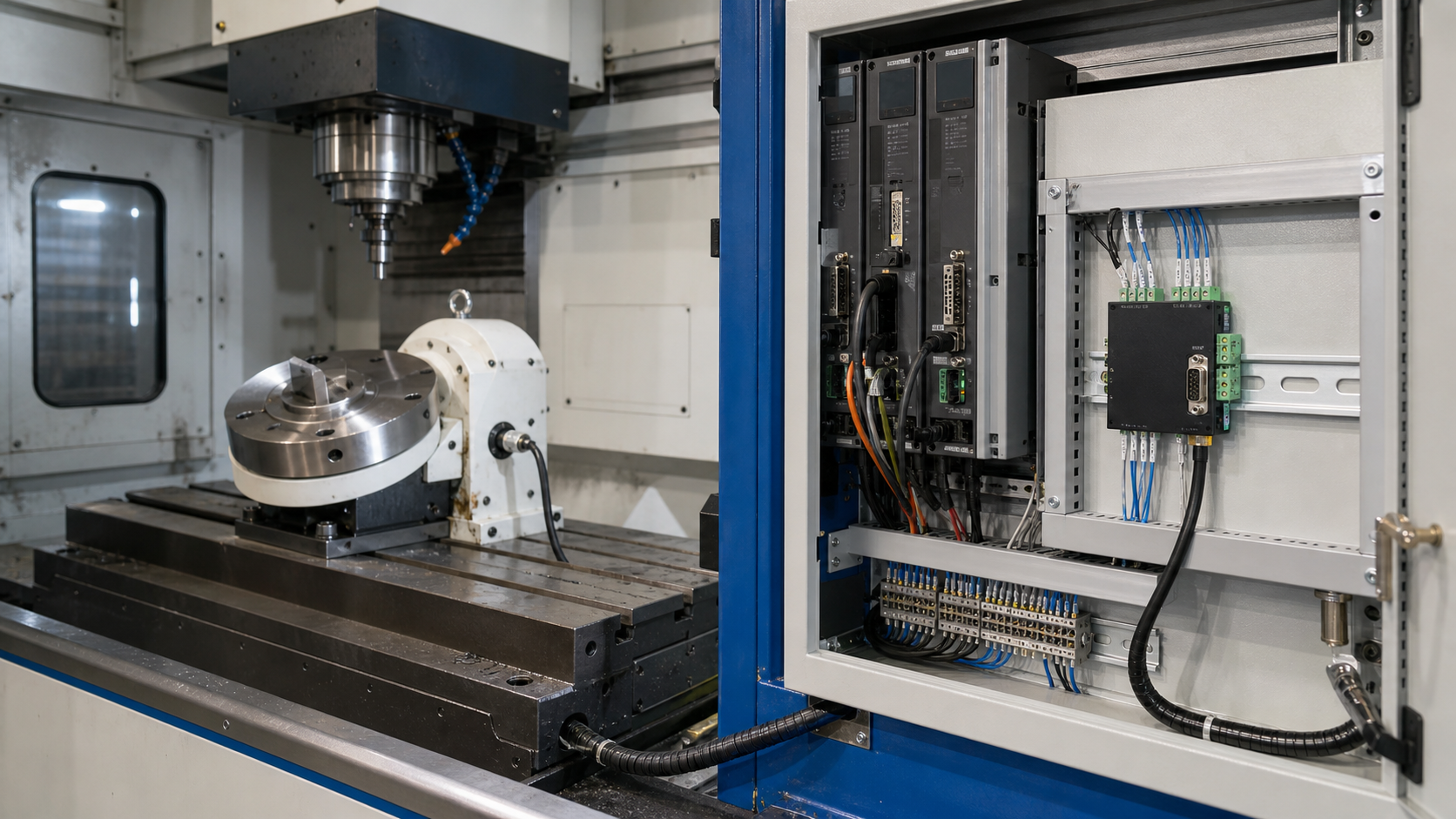 3-axis CNC machine upgraded with a rotary table and small external axis controller in the cabinet