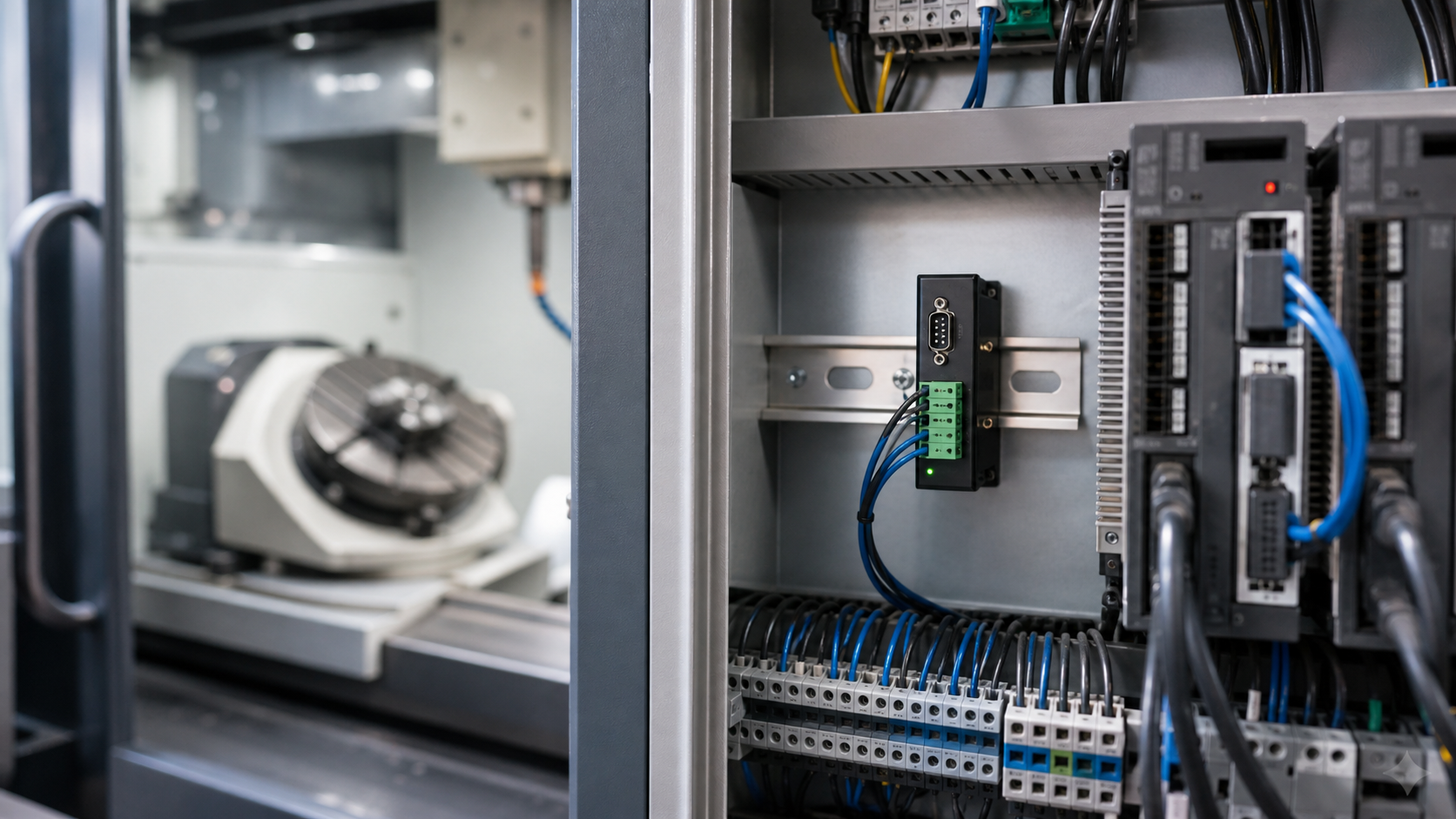Small external 4th axis control card with RS232 and I/O wiring inside a CNC cabinet