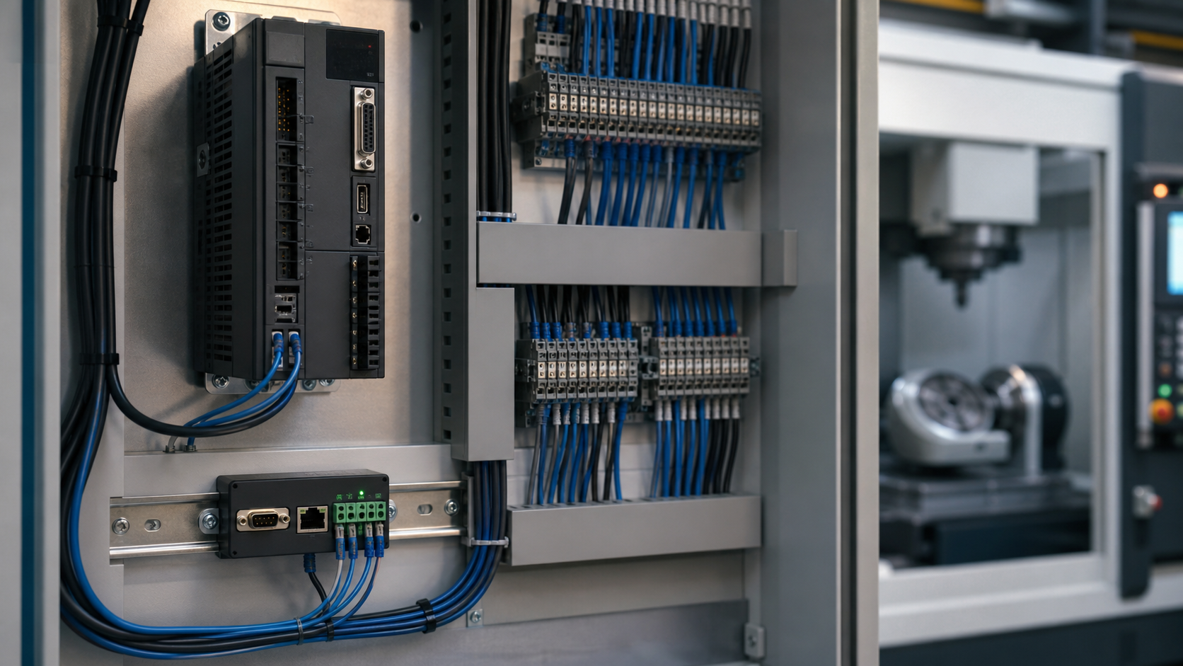 Small external 4th axis control card wired to CNC I/O terminals for M-code triggered rotary table indexing